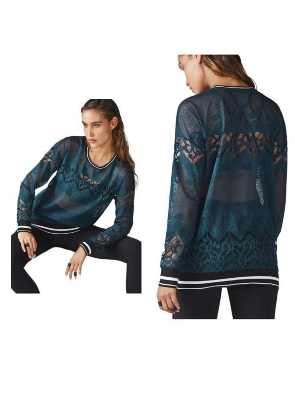 Fabletics Green Lace Varsity Crewneck Sweatshirt